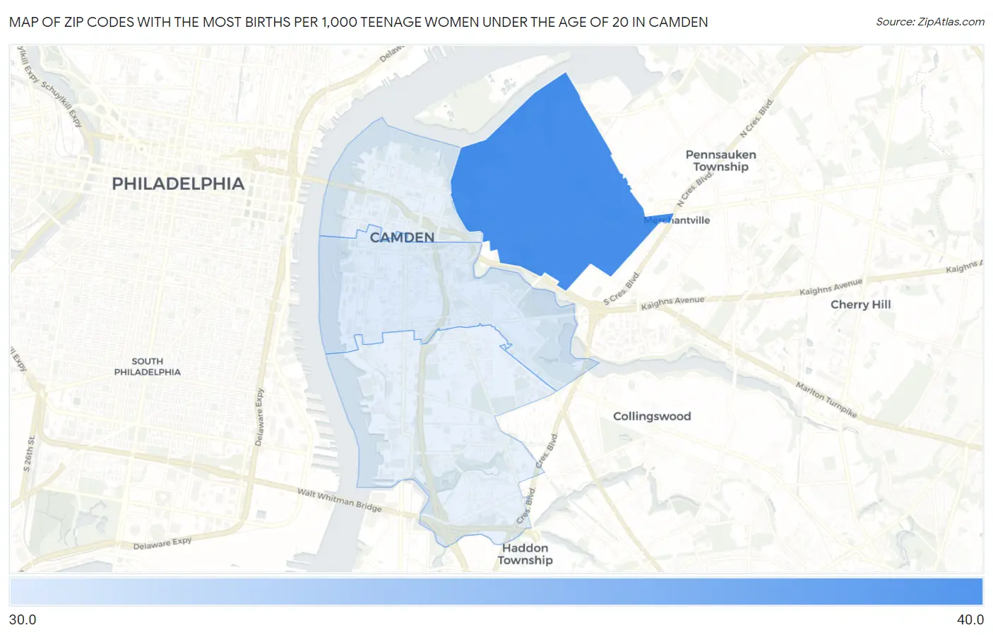 Zip Codes with the Most Births per 1,000 Teenage Women Under the Age of 20 in Camden Map