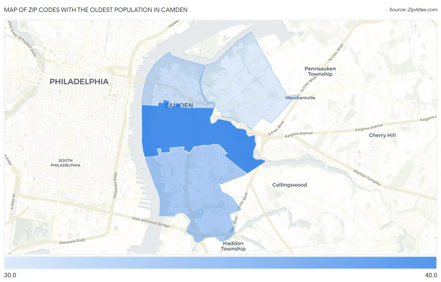 Zip Codes with the Oldest Population in Camden Map