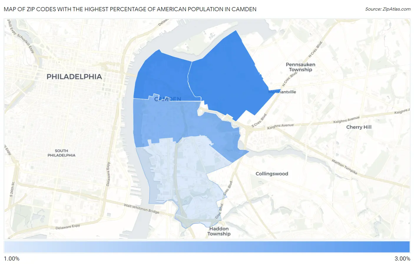 Zip Codes with the Highest Percentage of American Population in Camden Map
