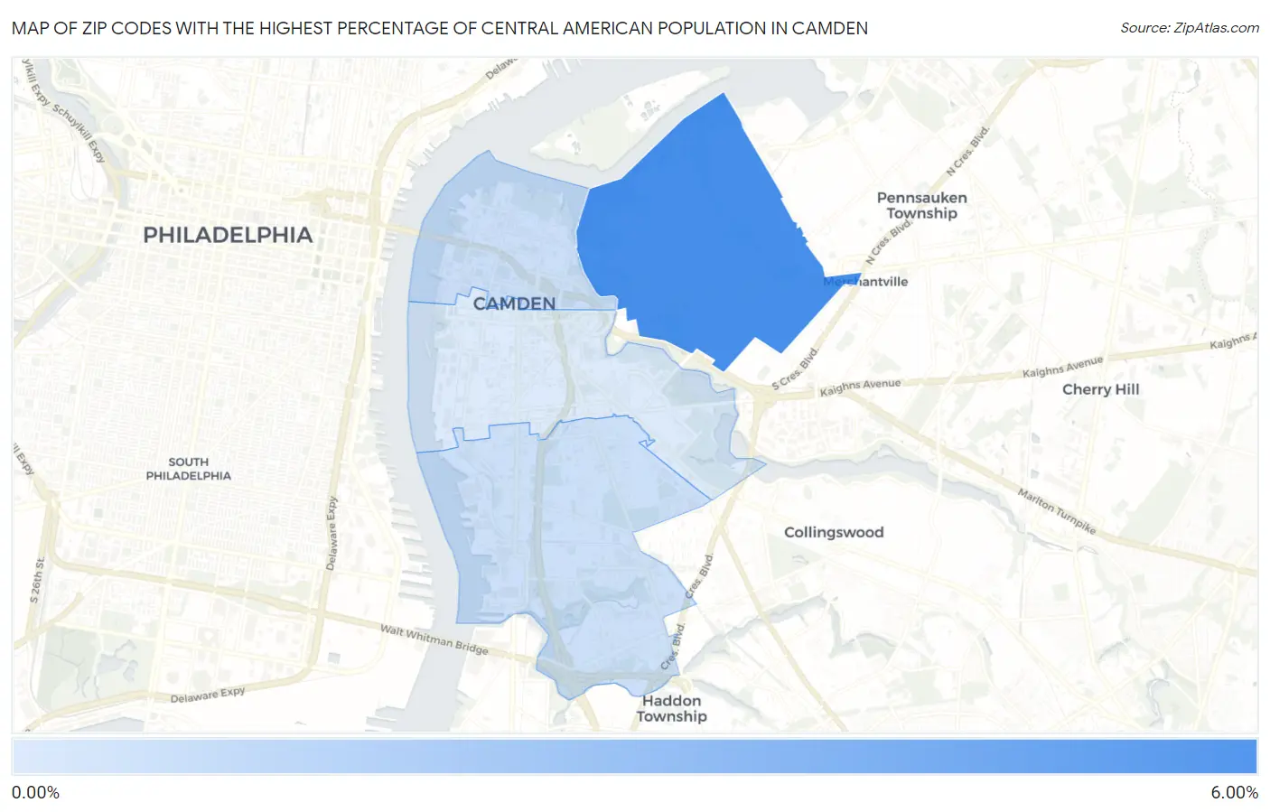 Zip Codes with the Highest Percentage of Central American Population in Camden Map