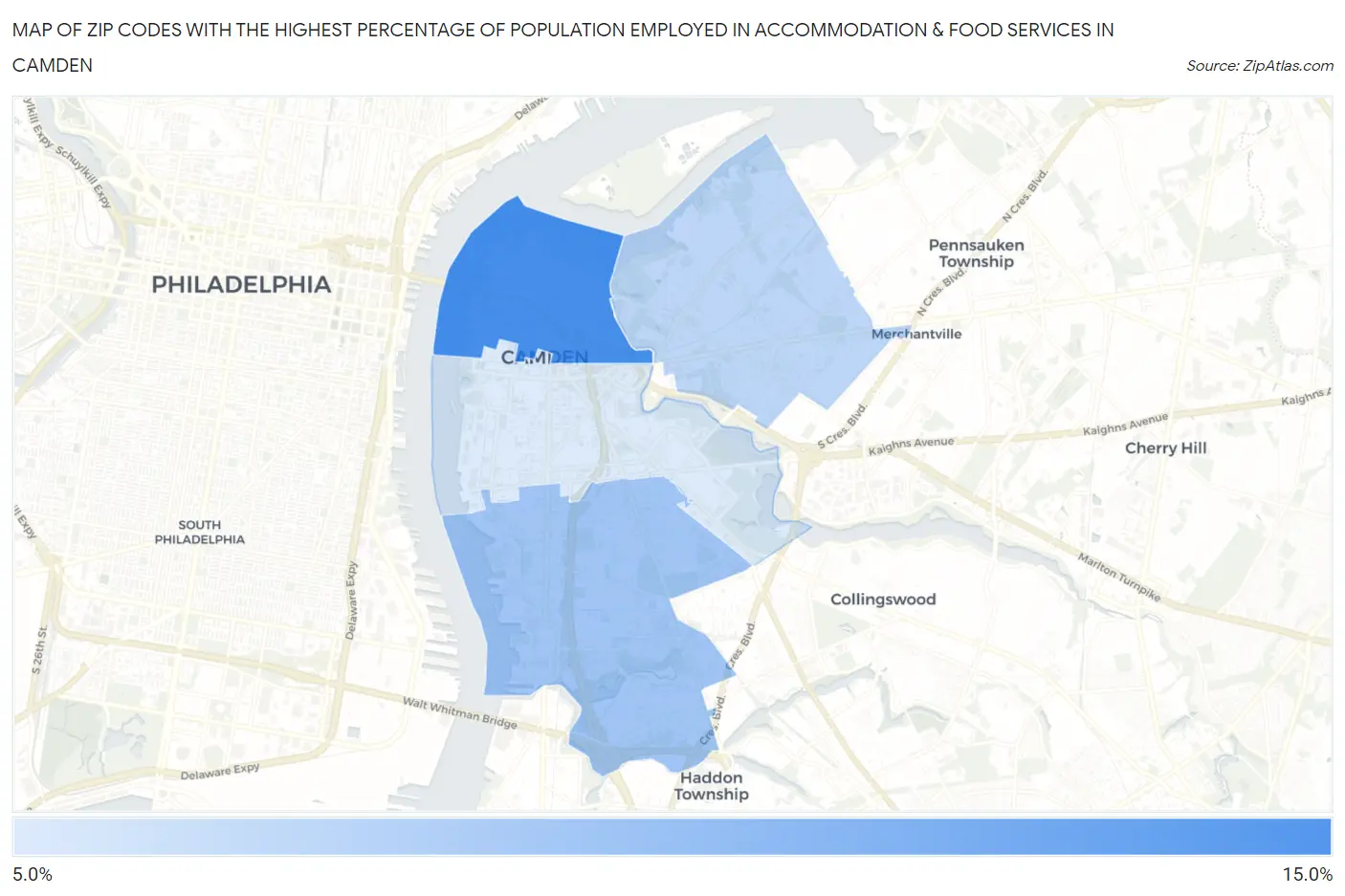 Zip Codes with the Highest Percentage of Population Employed in Accommodation & Food Services in Camden Map