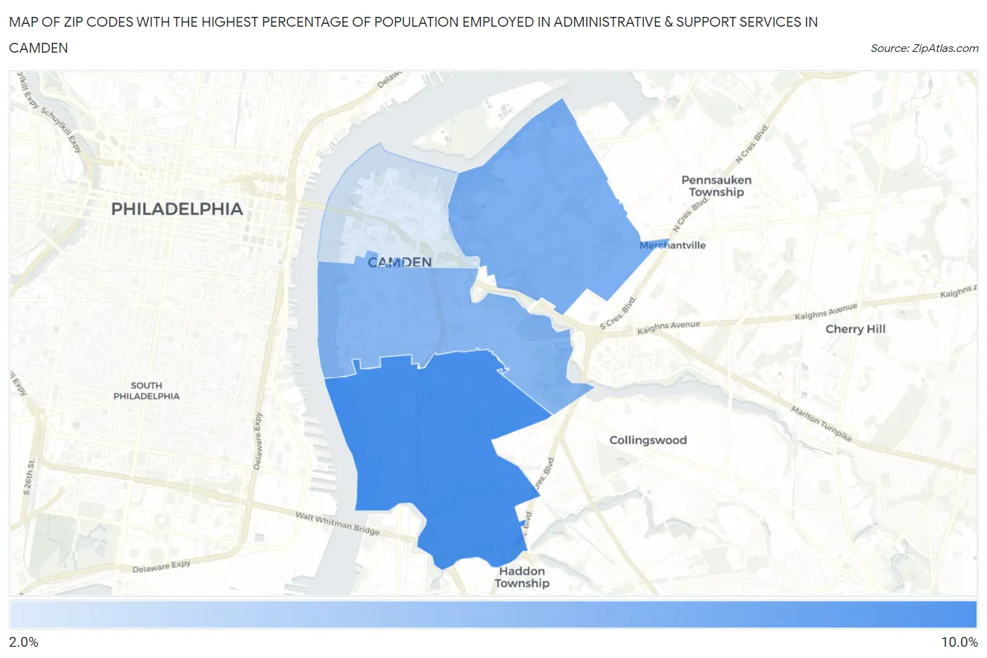 Zip Codes with the Highest Percentage of Population Employed in Administrative & Support Services in Camden Map