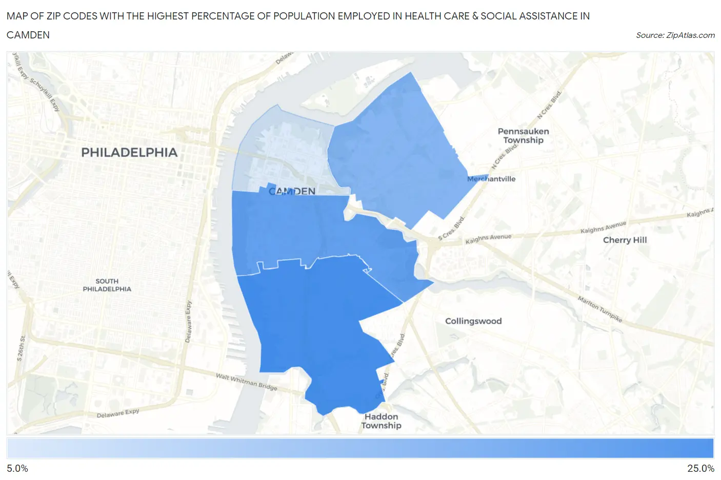 Zip Codes with the Highest Percentage of Population Employed in Health Care & Social Assistance in Camden Map