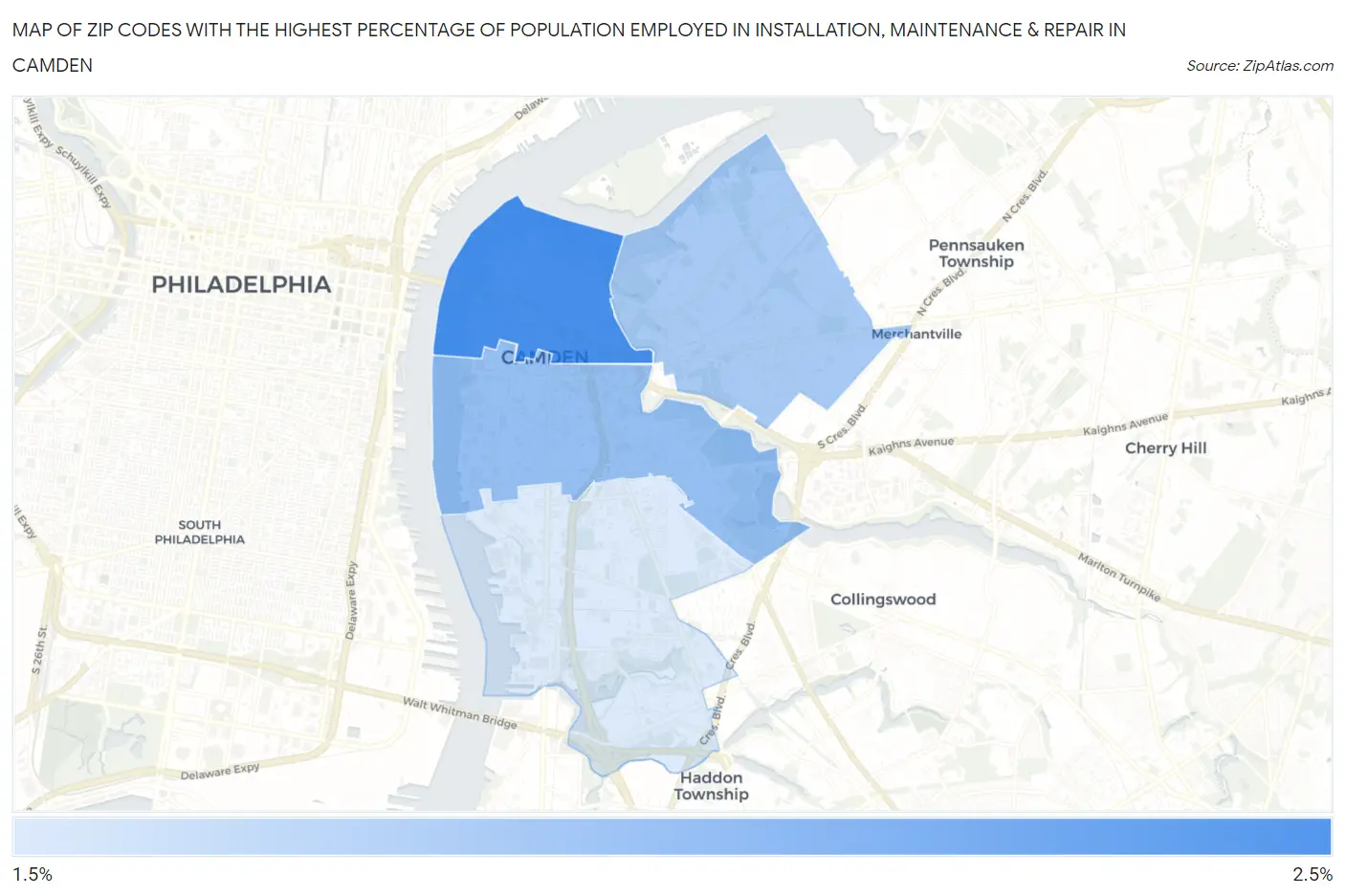 Zip Codes with the Highest Percentage of Population Employed in Installation, Maintenance & Repair in Camden Map