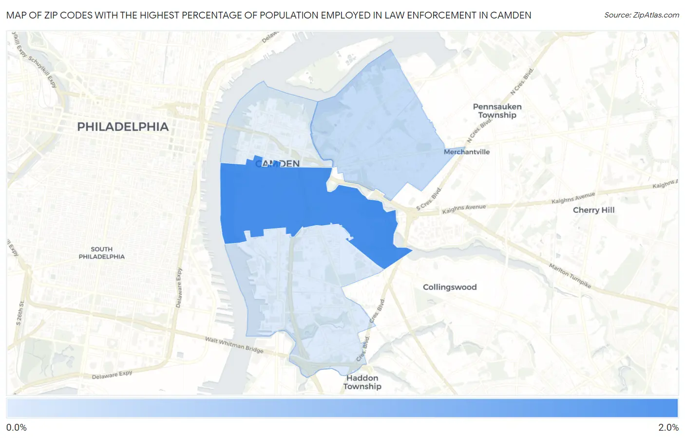 Zip Codes with the Highest Percentage of Population Employed in Law Enforcement in Camden Map