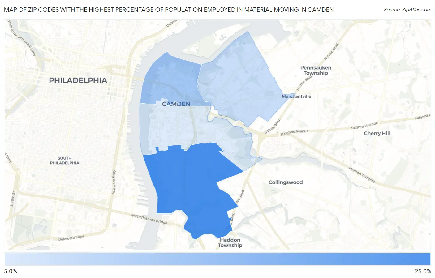 Zip Codes with the Highest Percentage of Population Employed in Material Moving in Camden Map