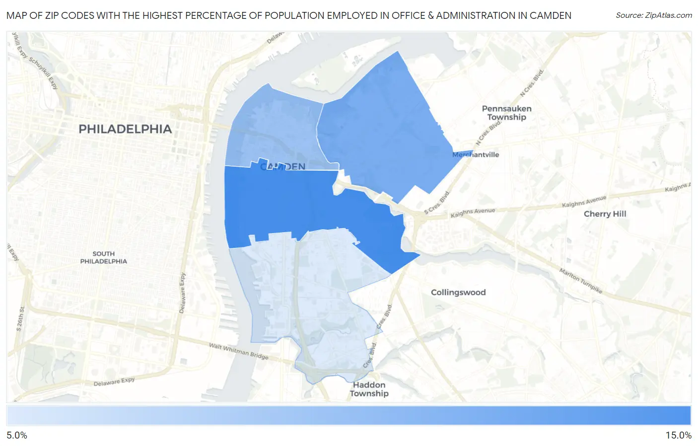 Zip Codes with the Highest Percentage of Population Employed in Office & Administration in Camden Map