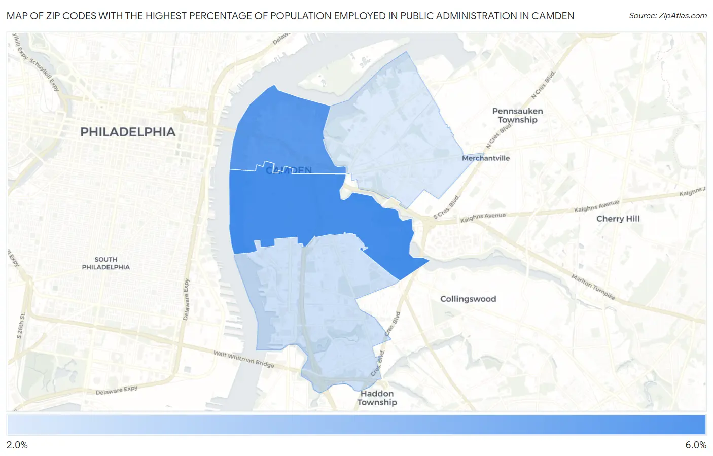 Zip Codes with the Highest Percentage of Population Employed in Public Administration in Camden Map