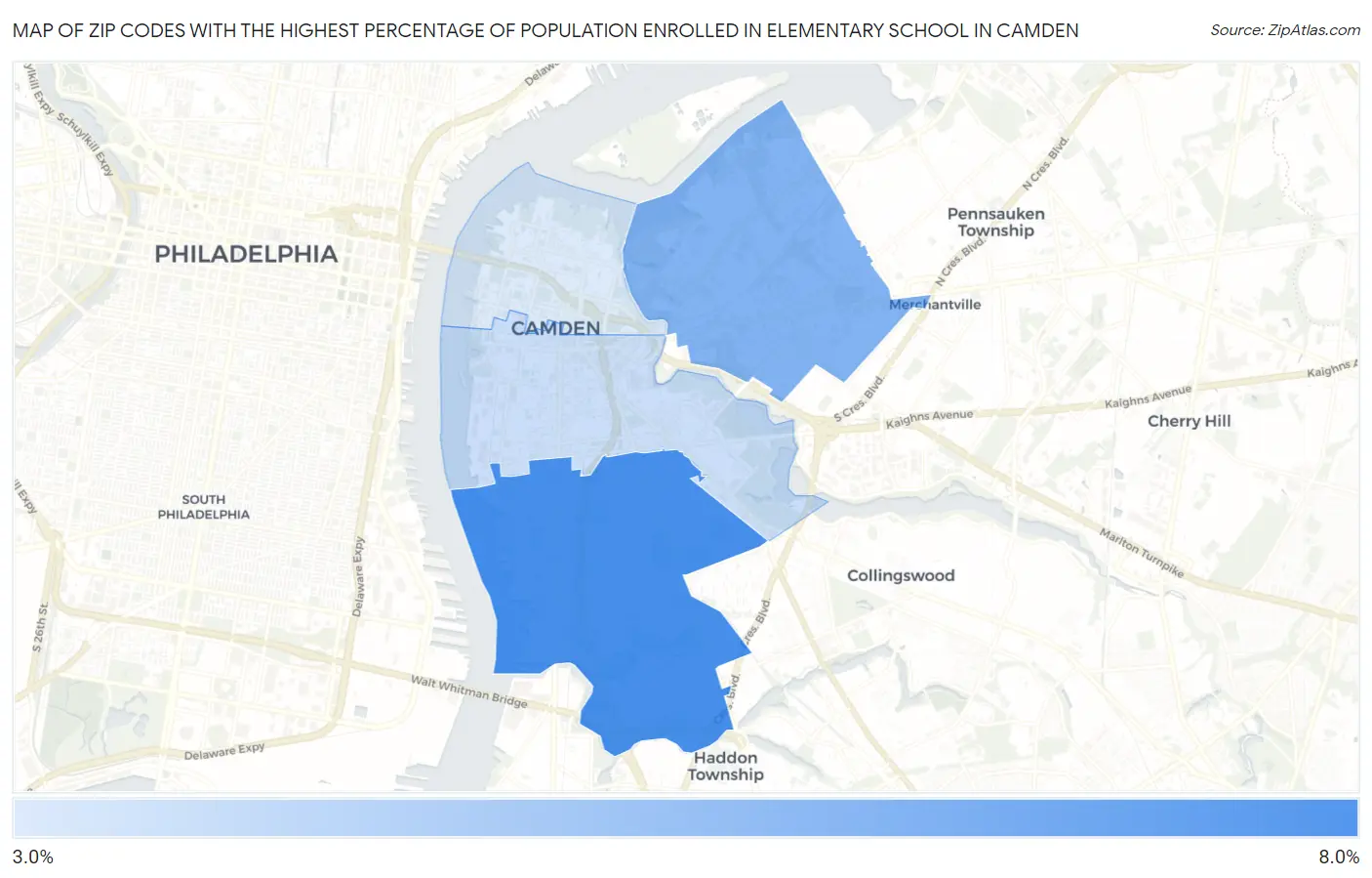 Zip Codes with the Highest Percentage of Population Enrolled in Elementary School in Camden Map