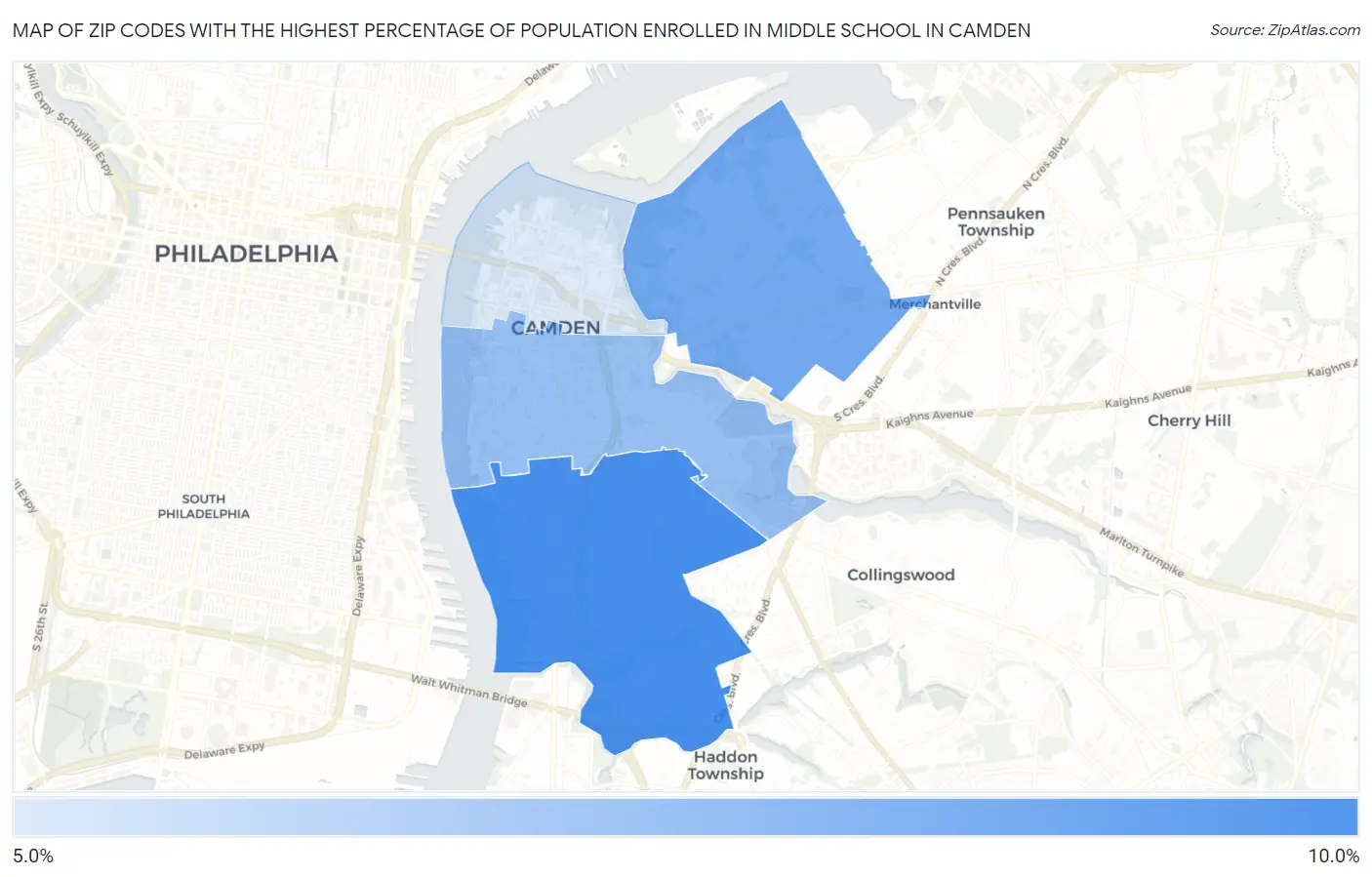 Zip Codes with the Highest Percentage of Population Enrolled in Middle School in Camden Map