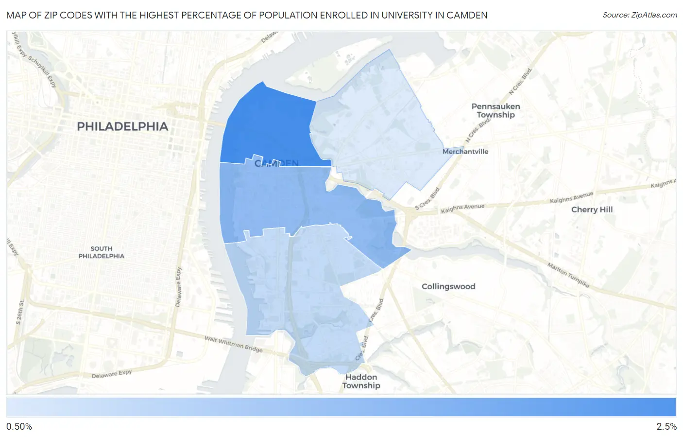 Zip Codes with the Highest Percentage of Population Enrolled in University in Camden Map