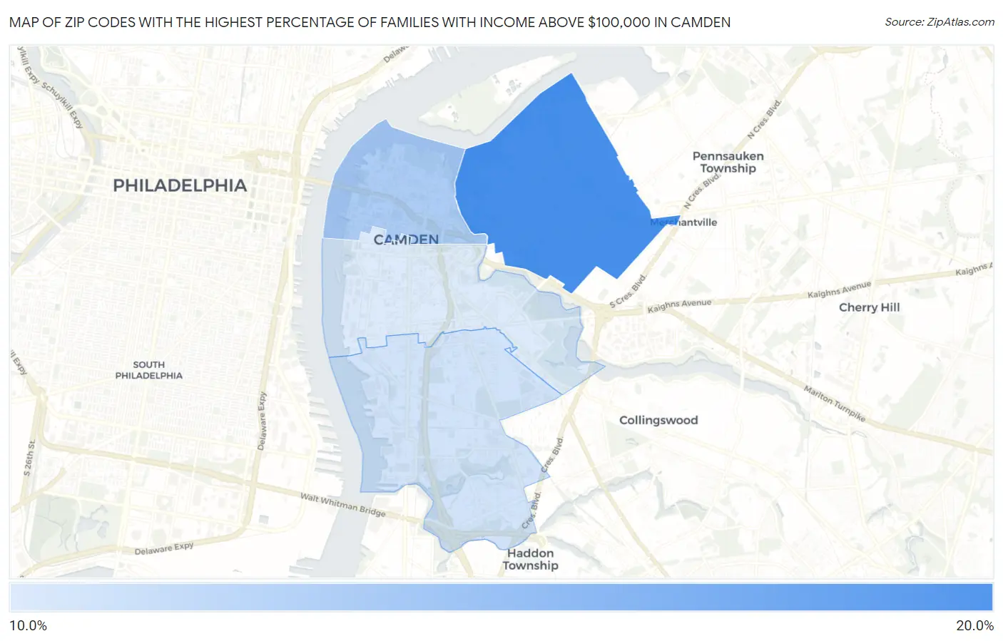 Zip Codes with the Highest Percentage of Families with Income Above $100,000 in Camden Map