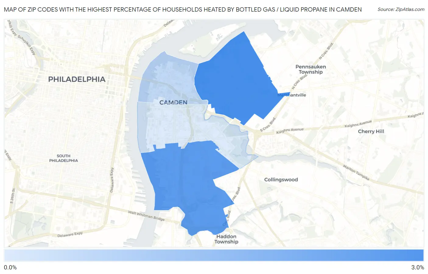 Zip Codes with the Highest Percentage of Households Heated by Bottled Gas / Liquid Propane in Camden Map
