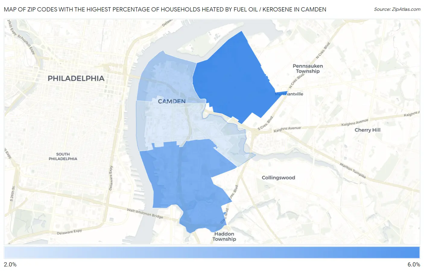 Zip Codes with the Highest Percentage of Households Heated by Fuel Oil / Kerosene in Camden Map