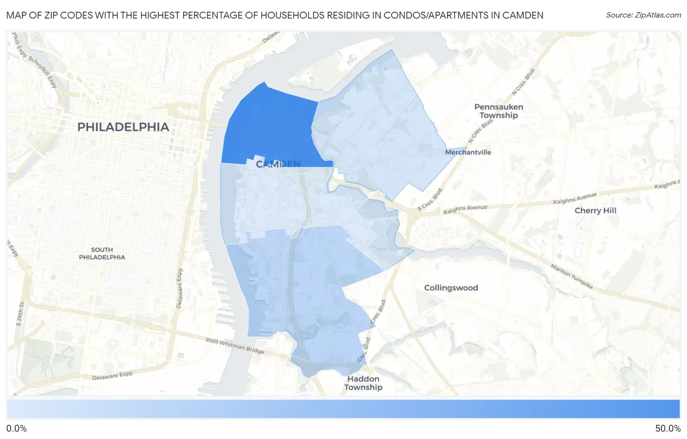 Zip Codes with the Highest Percentage of Households Residing in Condos/Apartments in Camden Map