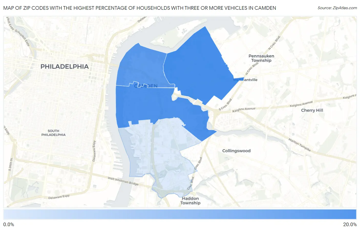 Zip Codes with the Highest Percentage of Households With Three or more Vehicles in Camden Map
