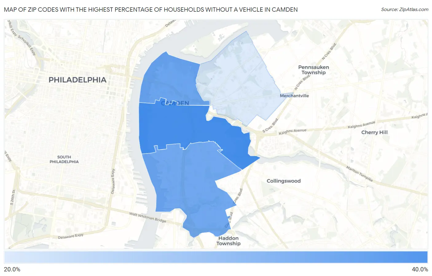 Zip Codes with the Highest Percentage of Households Without a Vehicle in Camden Map