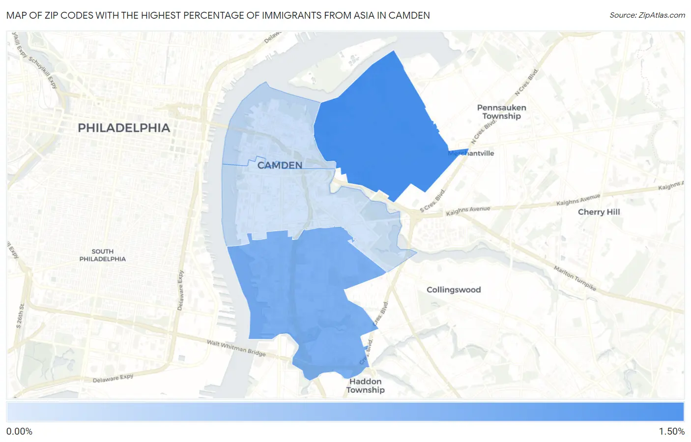 Zip Codes with the Highest Percentage of Immigrants from Asia in Camden Map