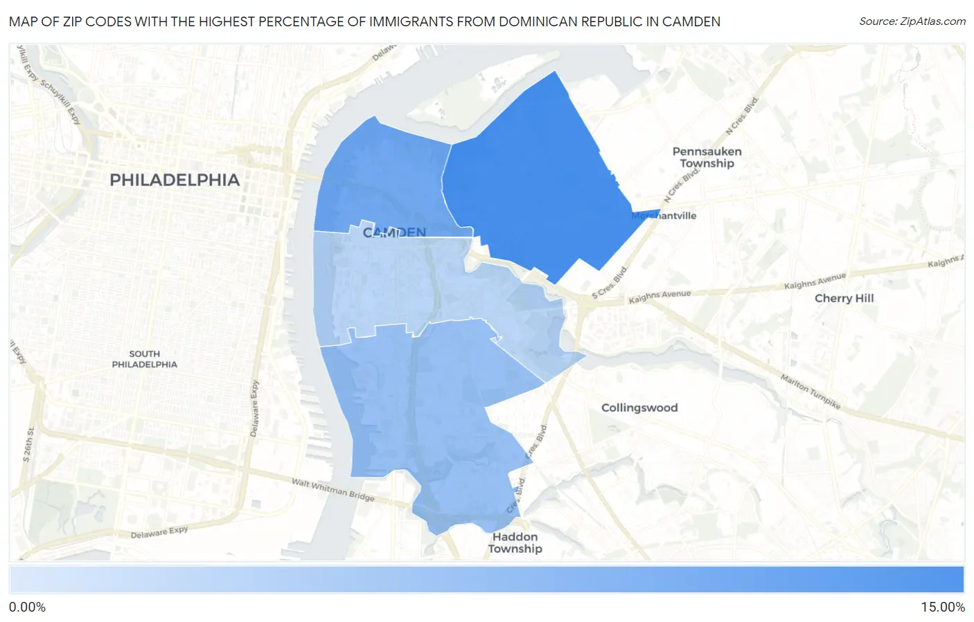 Zip Codes with the Highest Percentage of Immigrants from Dominican Republic in Camden Map