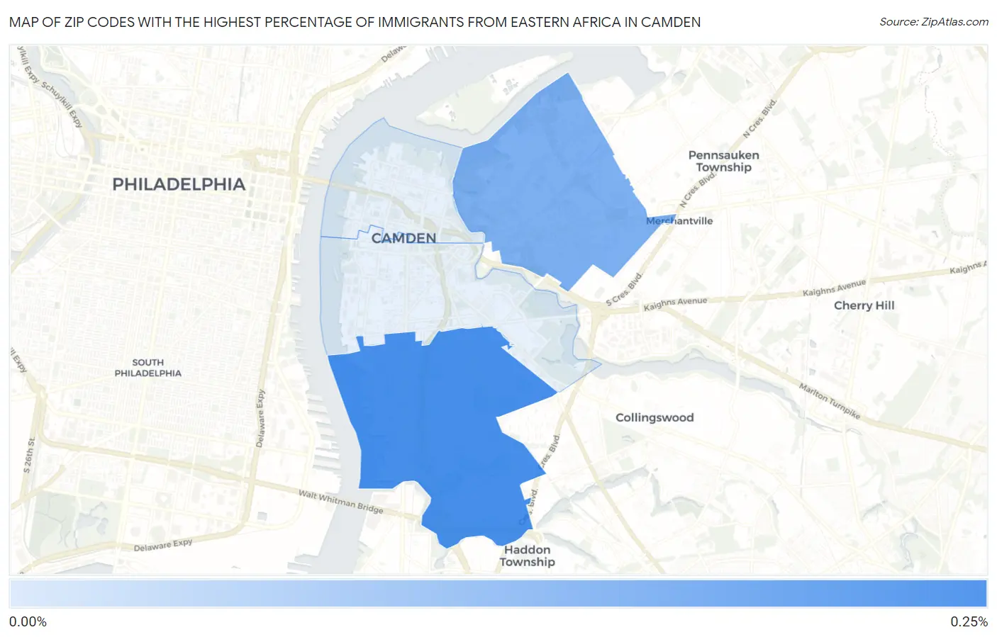 Zip Codes with the Highest Percentage of Immigrants from Eastern Africa in Camden Map