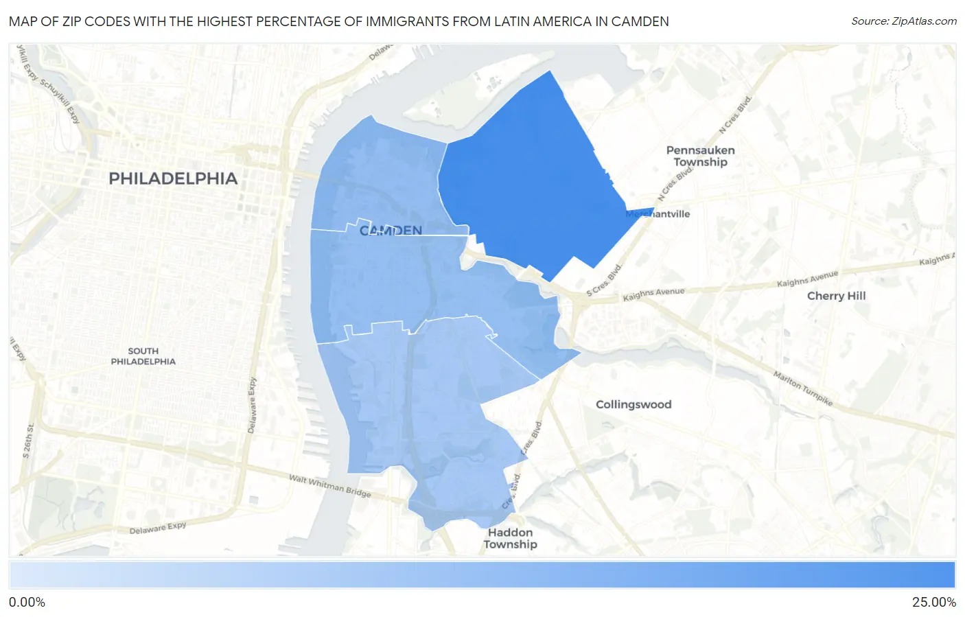 Zip Codes with the Highest Percentage of Immigrants from Latin America in Camden Map