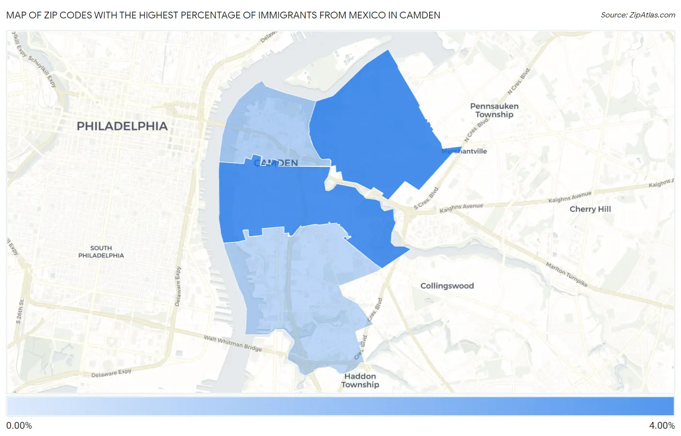 Zip Codes with the Highest Percentage of Immigrants from Mexico in Camden Map