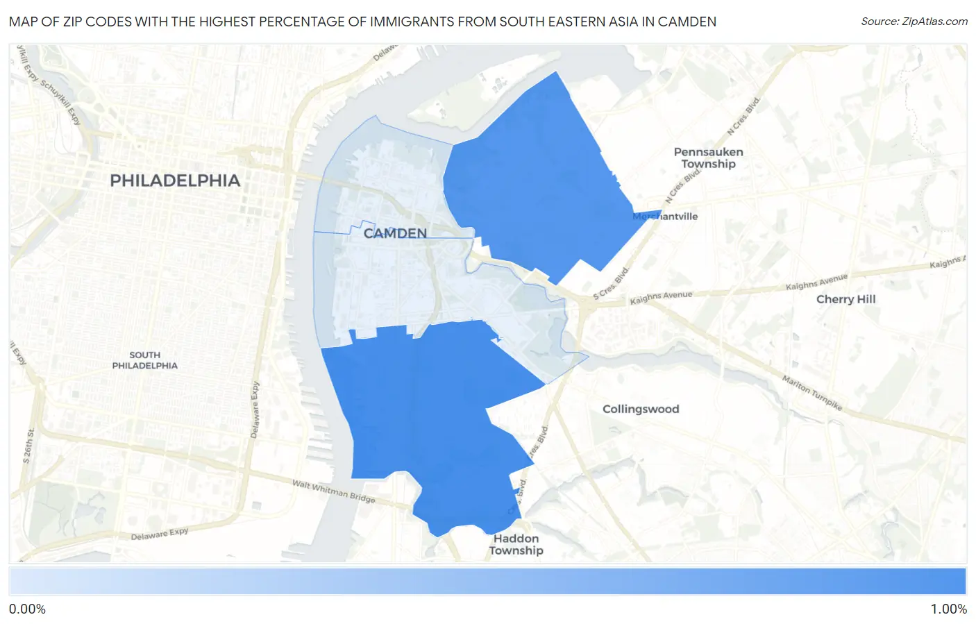 Zip Codes with the Highest Percentage of Immigrants from South Eastern Asia in Camden Map