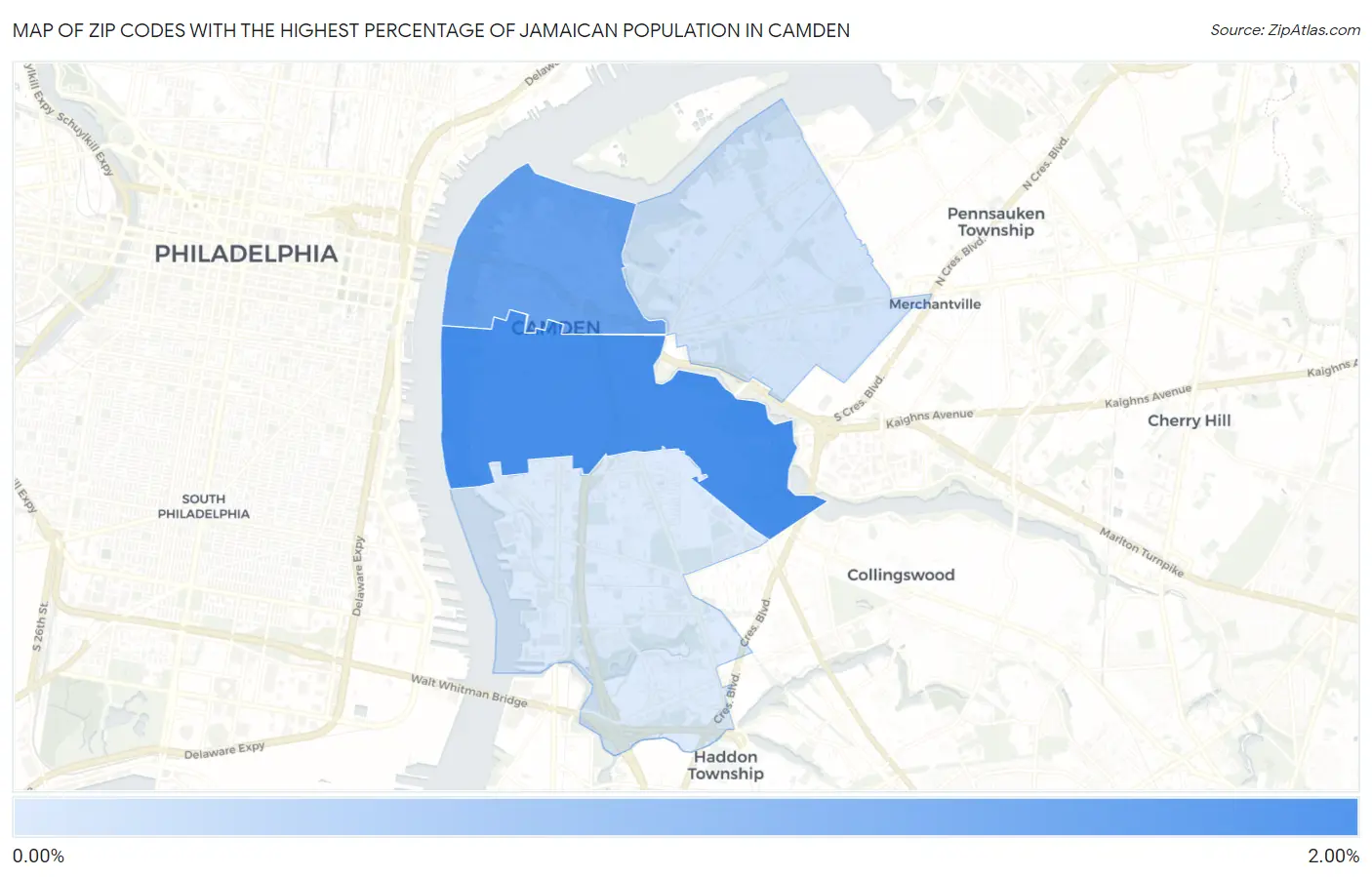 Zip Codes with the Highest Percentage of Jamaican Population in Camden Map