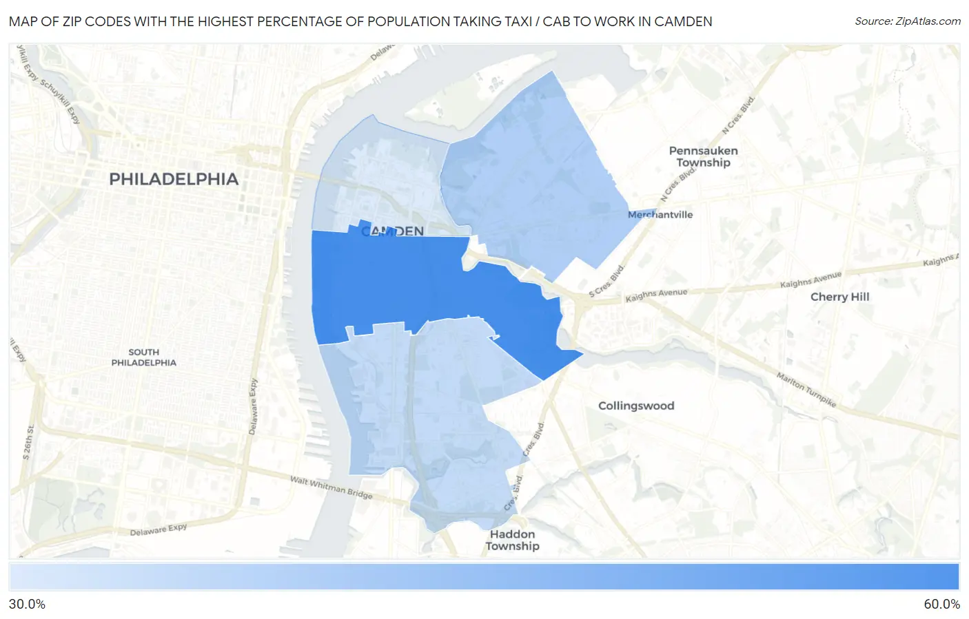 Zip Codes with the Highest Percentage of Population Taking Taxi / Cab to Work in Camden Map