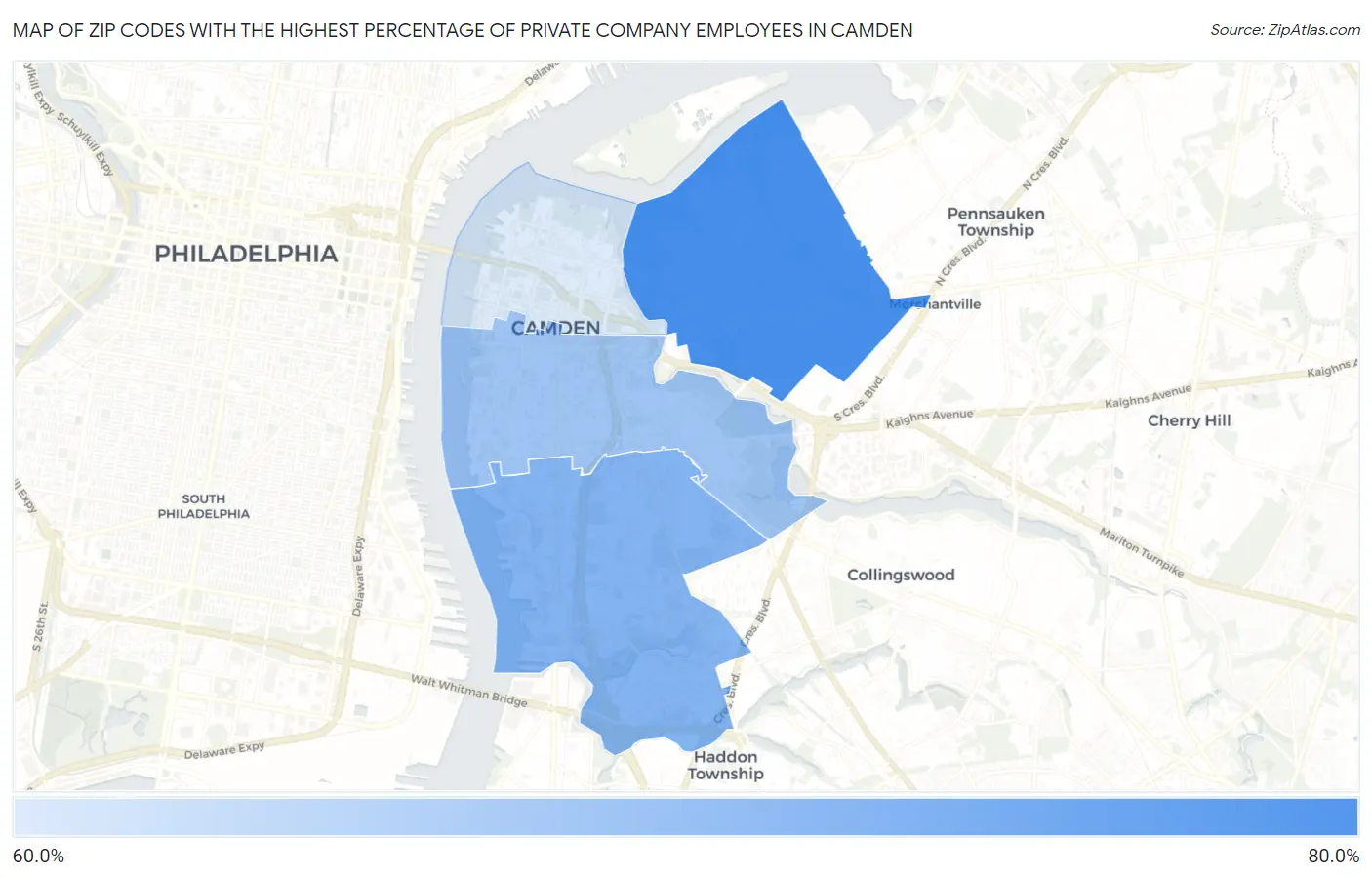 Zip Codes with the Highest Percentage of Private Company Employees in Camden Map