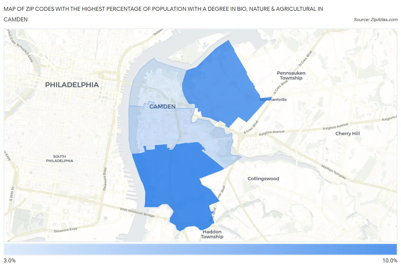Zip Codes with the Highest Percentage of Population with a Degree in Bio, Nature & Agricultural in Camden Map