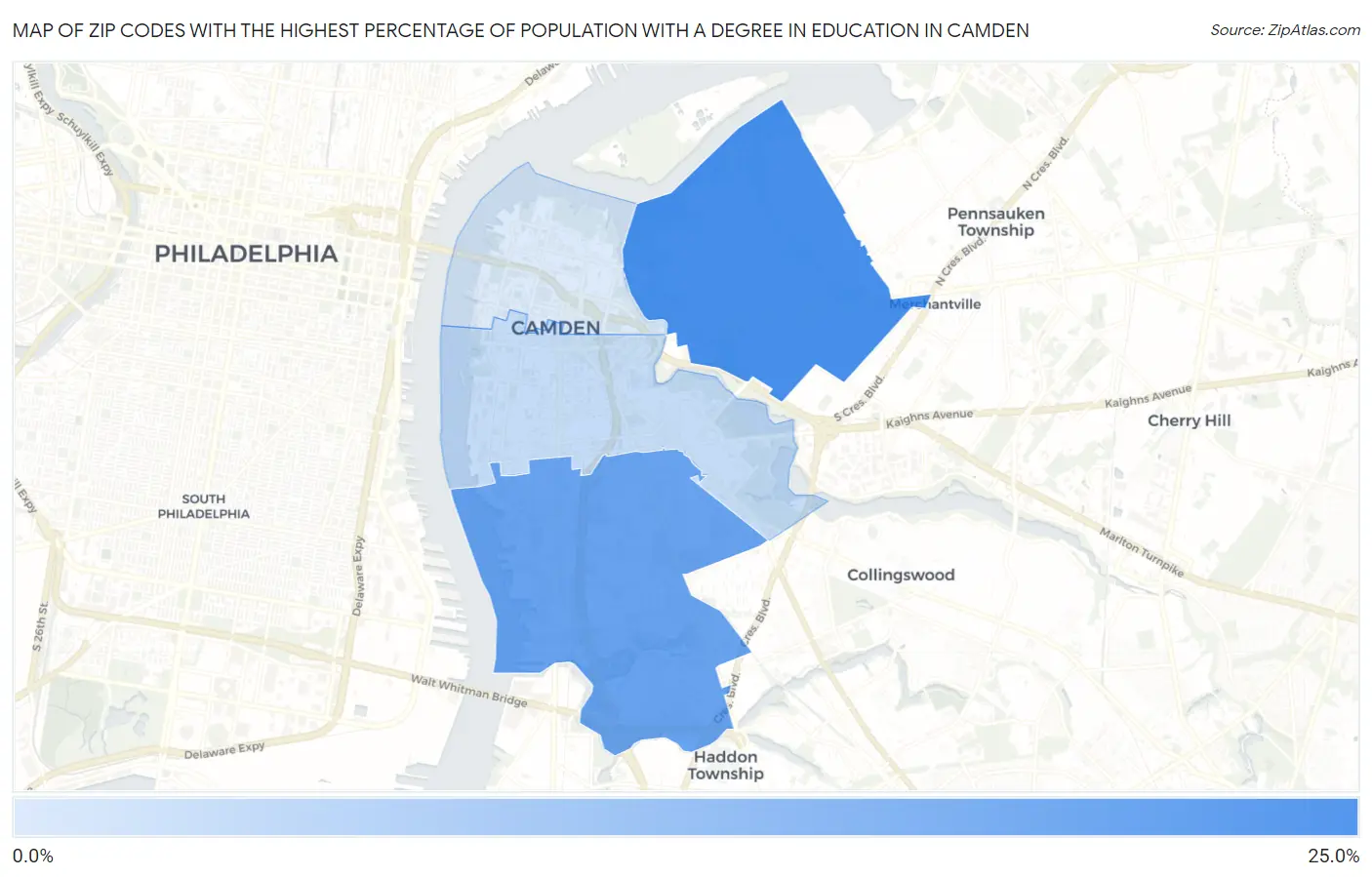 Zip Codes with the Highest Percentage of Population with a Degree in Education in Camden Map