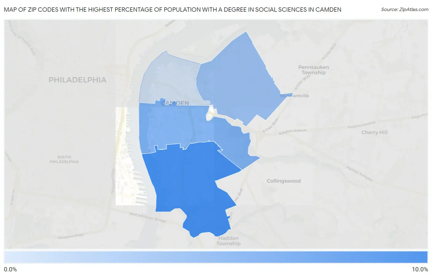 Zip Codes with the Highest Percentage of Population with a Degree in Social Sciences in Camden Map