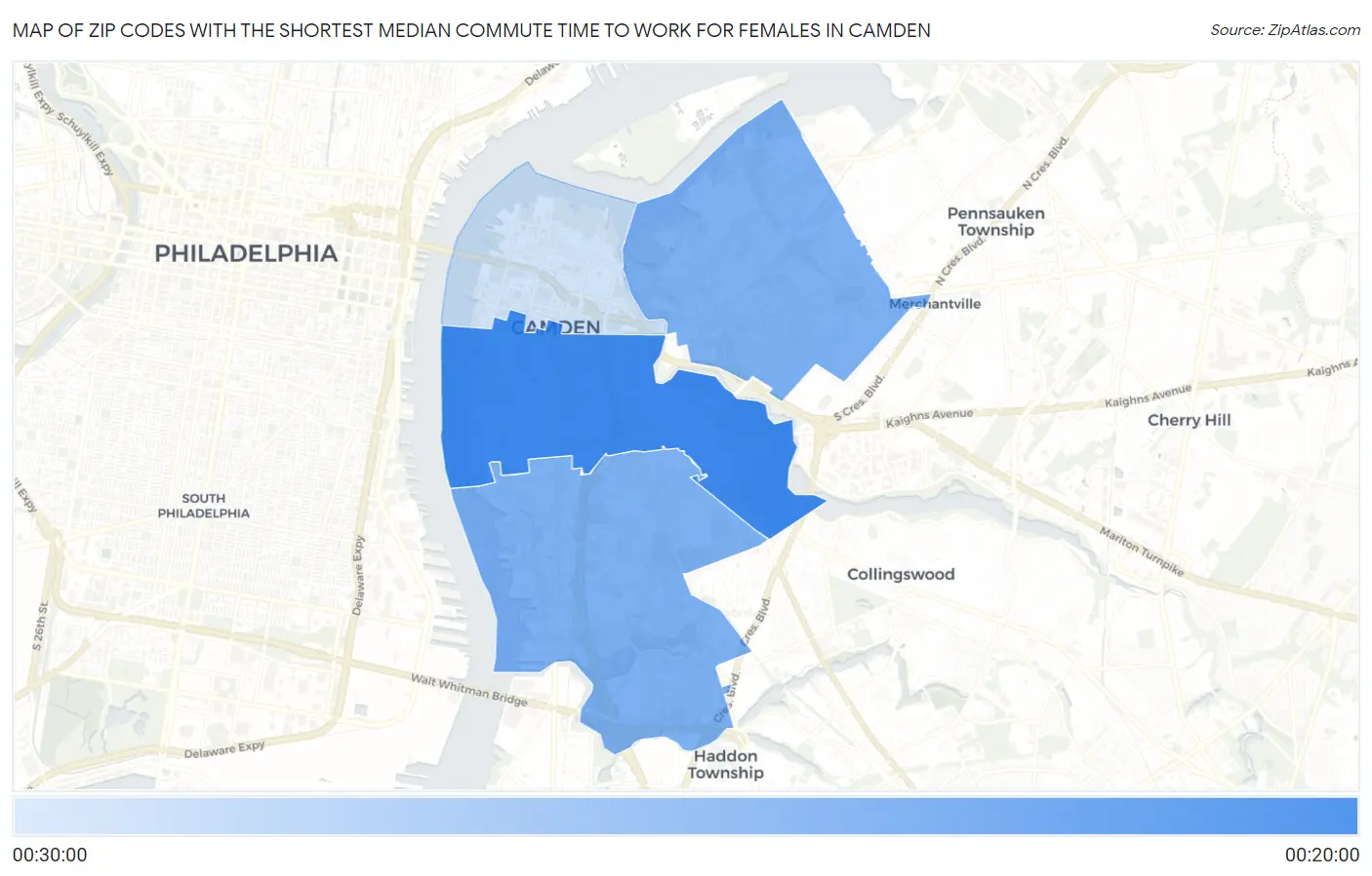 Zip Codes with the Shortest Median Commute Time to Work for Females in Camden Map