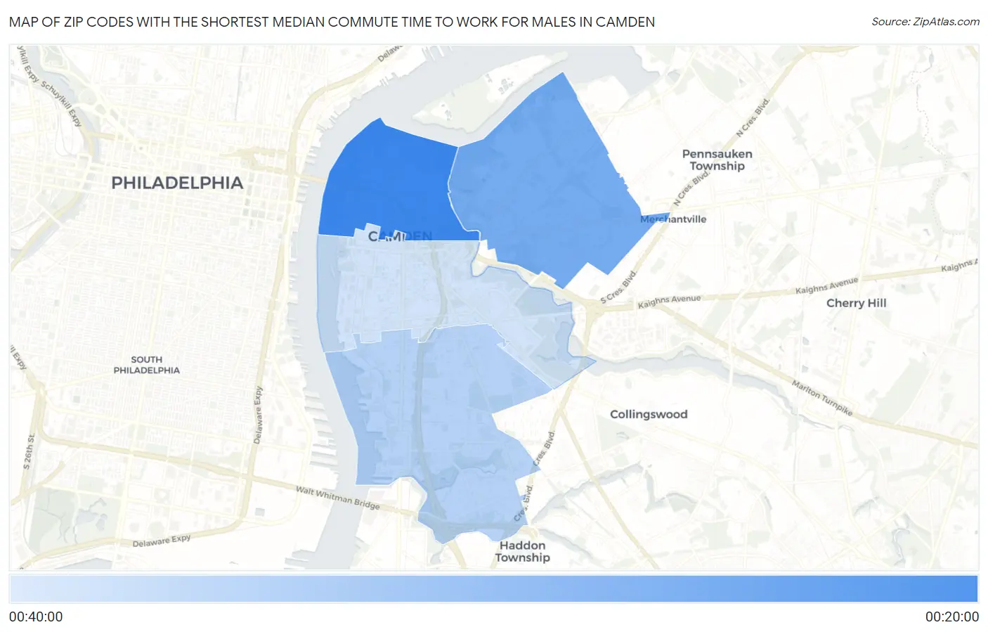 Zip Codes with the Shortest Median Commute Time to Work for Males in Camden Map