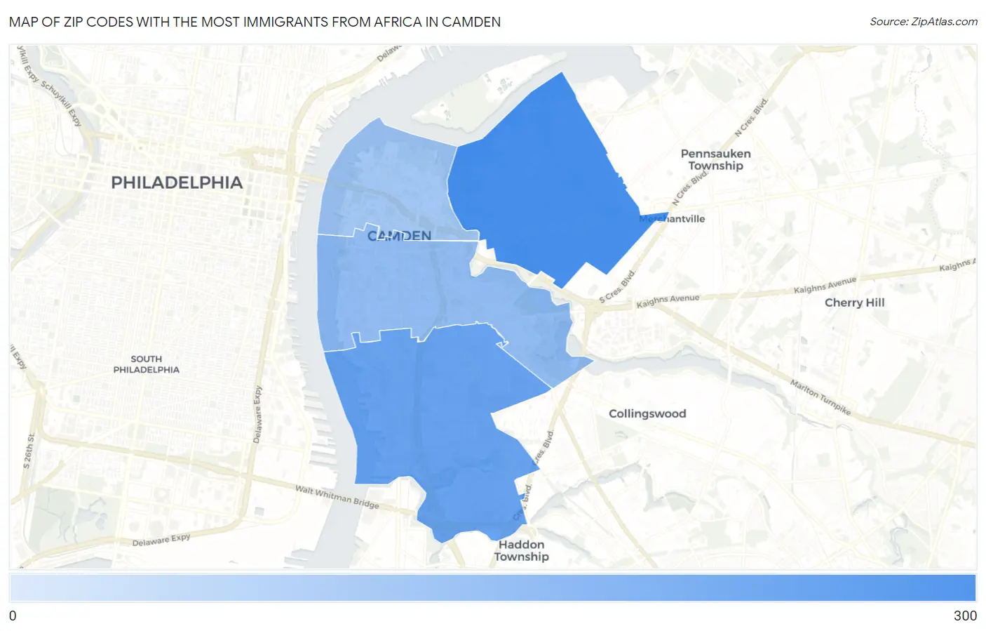 Zip Codes with the Most Immigrants from Africa in Camden Map