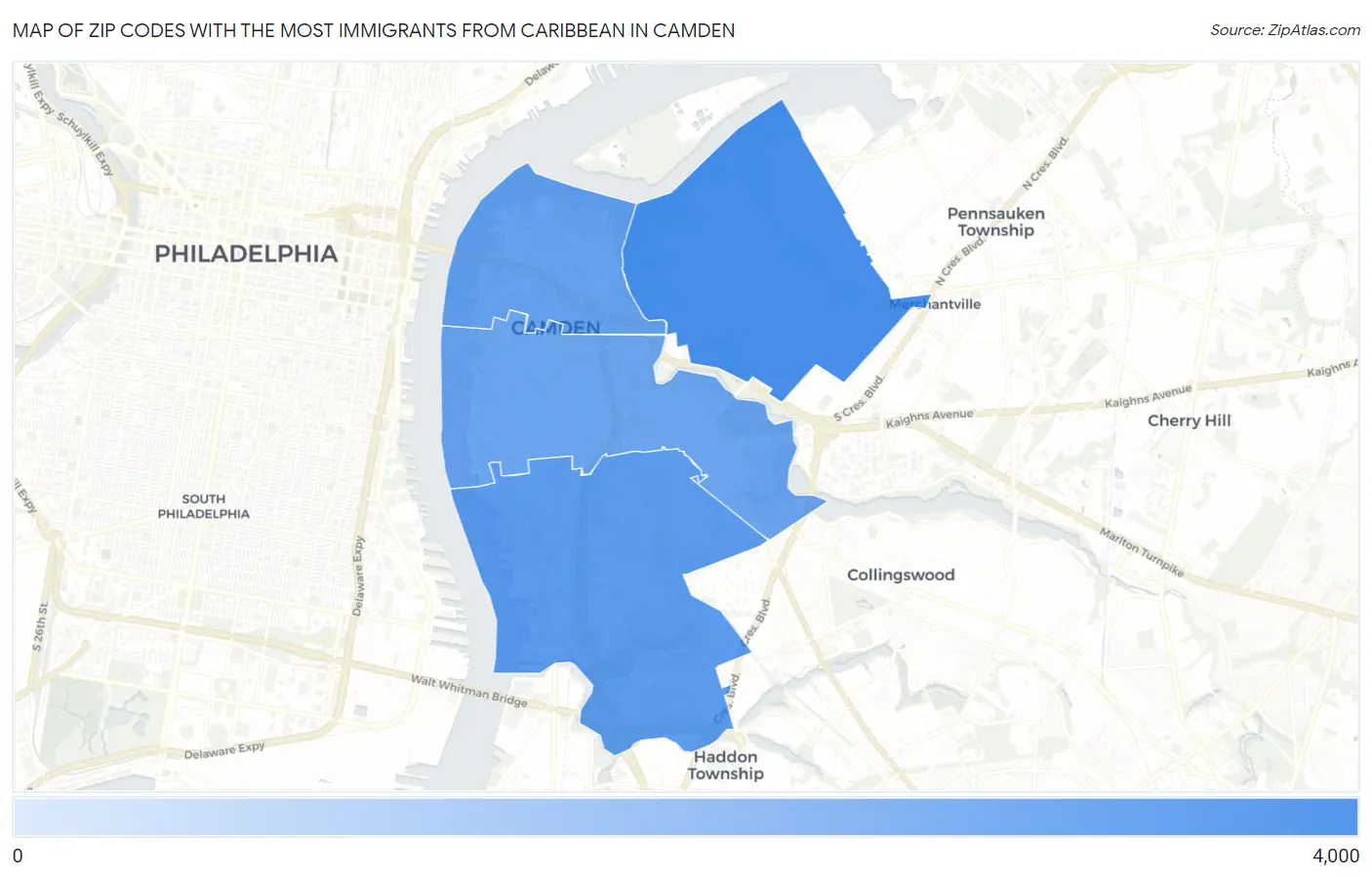 Zip Codes with the Most Immigrants from Caribbean in Camden Map