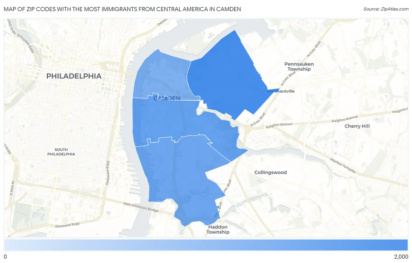 Zip Codes with the Most Immigrants from Central America in Camden Map