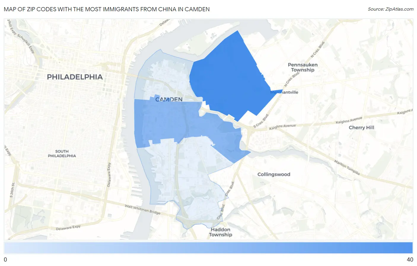 Zip Codes with the Most Immigrants from China in Camden Map