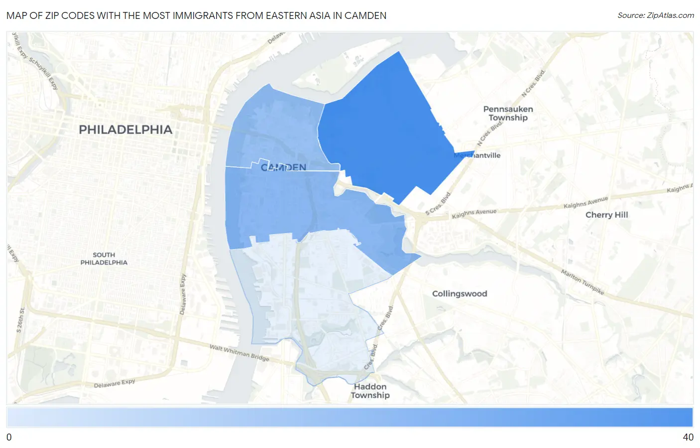 Zip Codes with the Most Immigrants from Eastern Asia in Camden Map