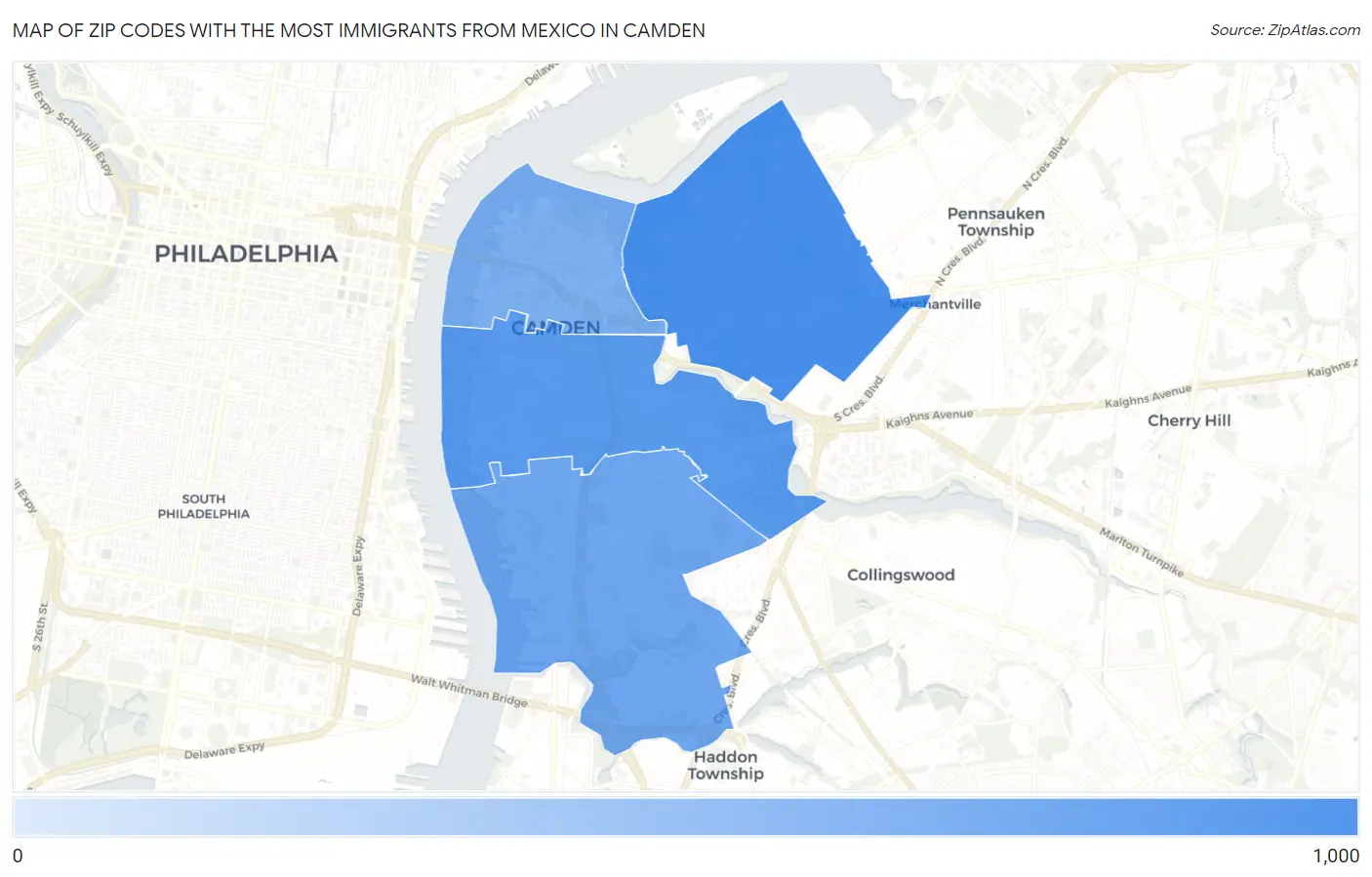 Zip Codes with the Most Immigrants from Mexico in Camden Map