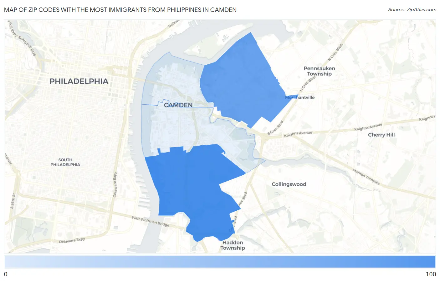 Zip Codes with the Most Immigrants from Philippines in Camden Map