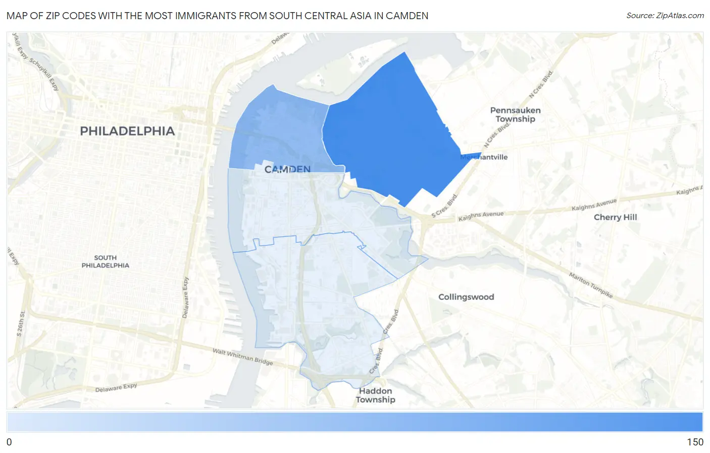 Zip Codes with the Most Immigrants from South Central Asia in Camden Map