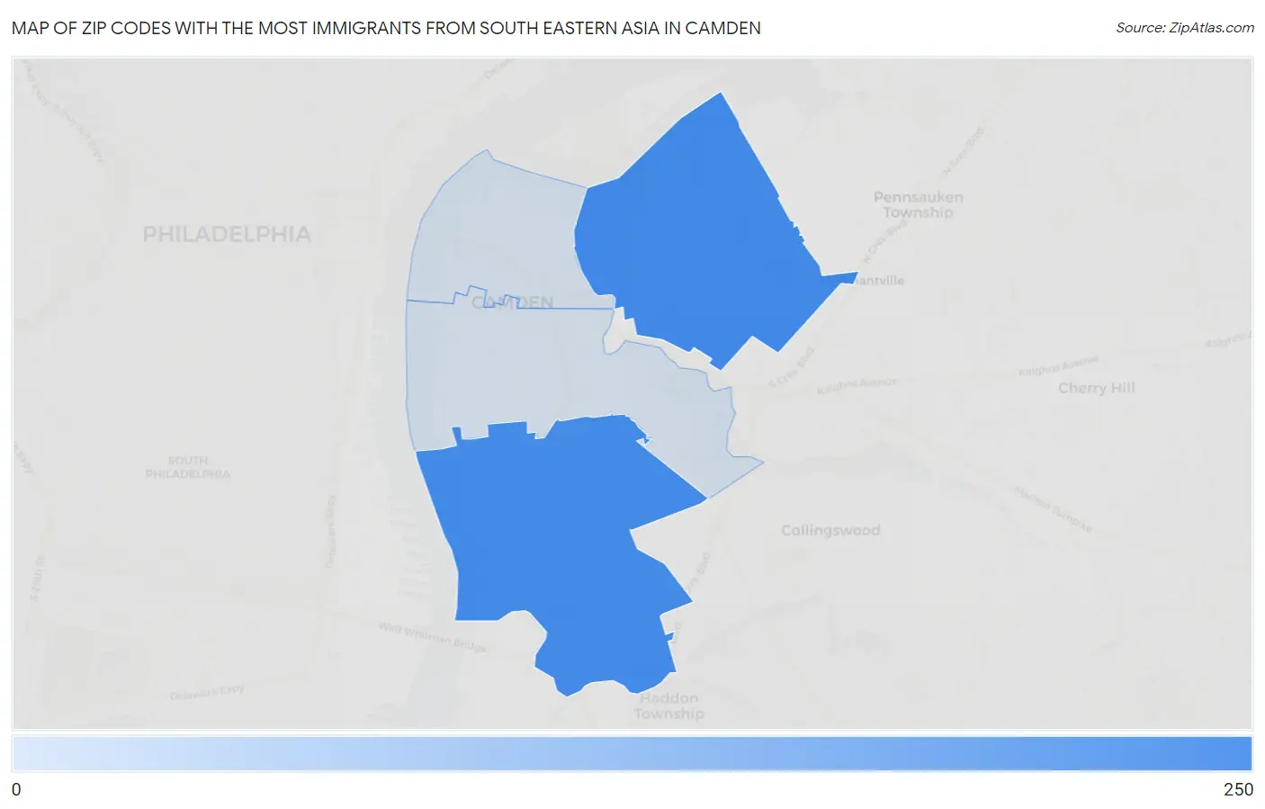 Zip Codes with the Most Immigrants from South Eastern Asia in Camden Map