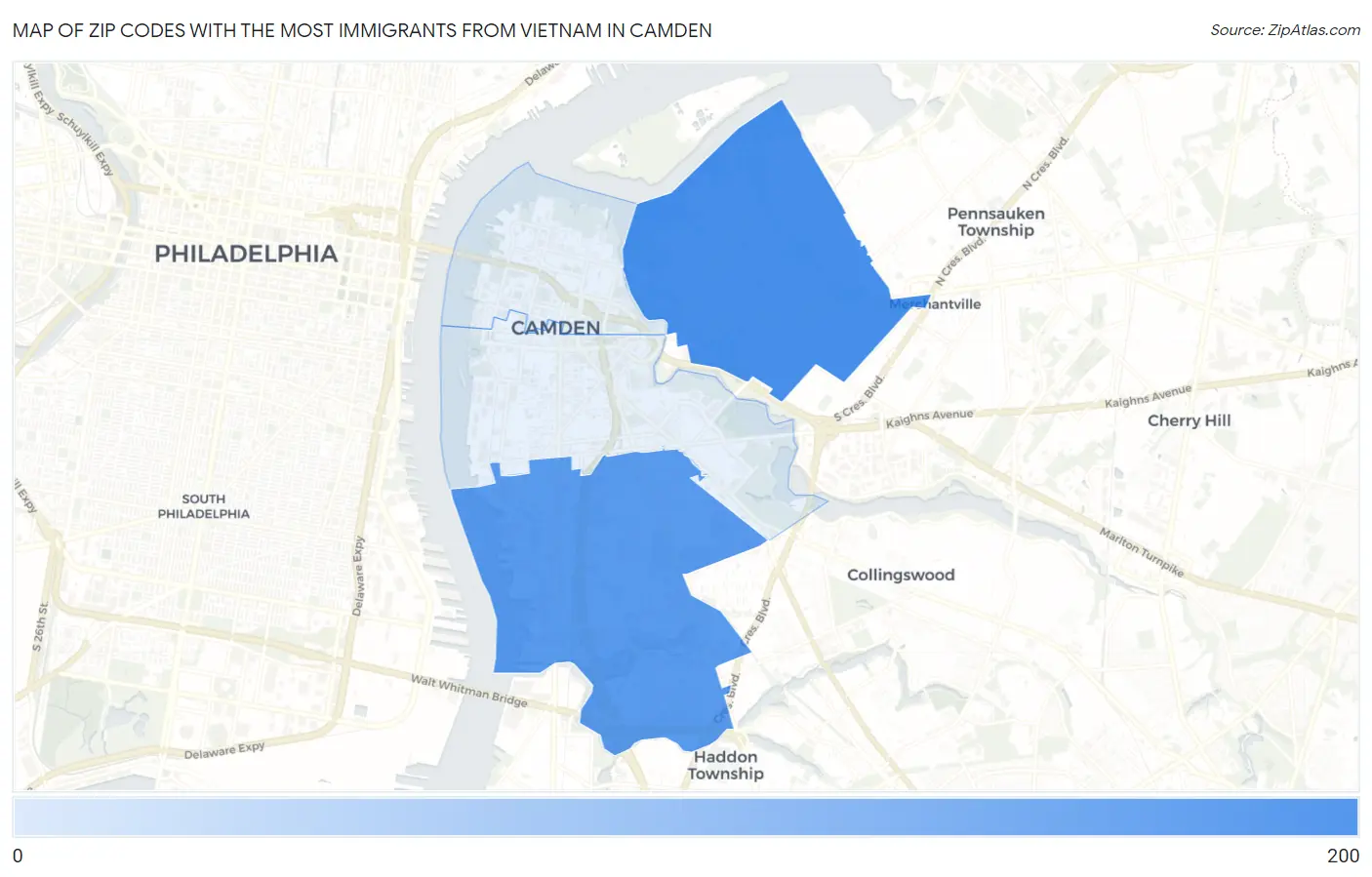 Zip Codes with the Most Immigrants from Vietnam in Camden Map