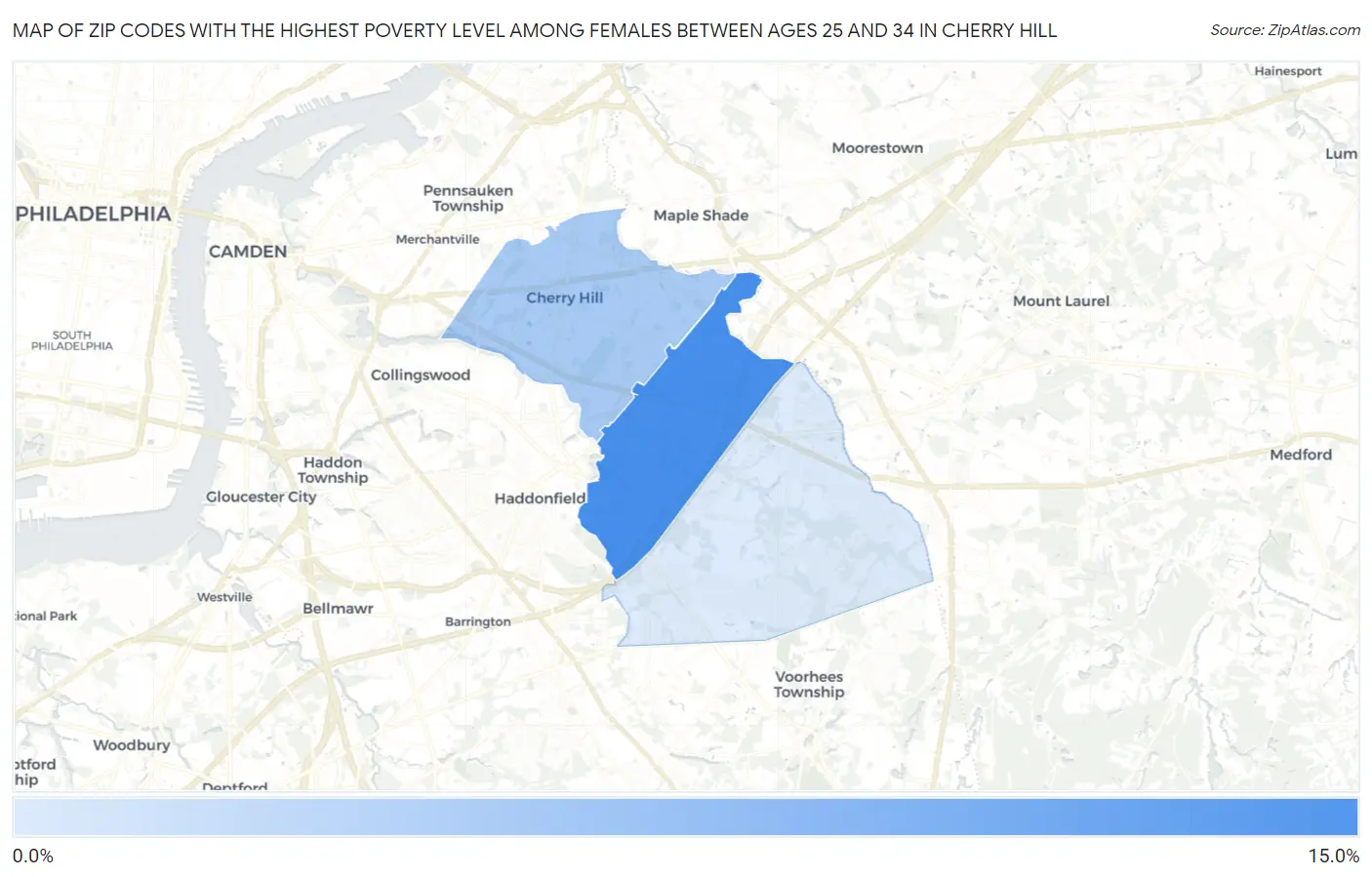 Zip Codes with the Highest Poverty Level Among Females Between Ages 25 and 34 in Cherry Hill Map