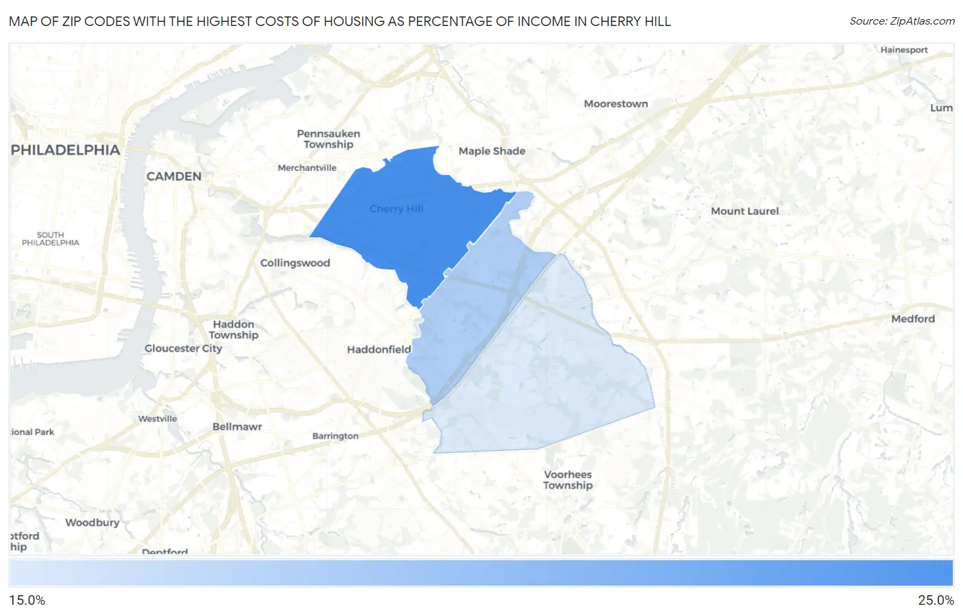 Zip Codes with the Highest Costs of Housing as Percentage of Income in Cherry Hill Map
