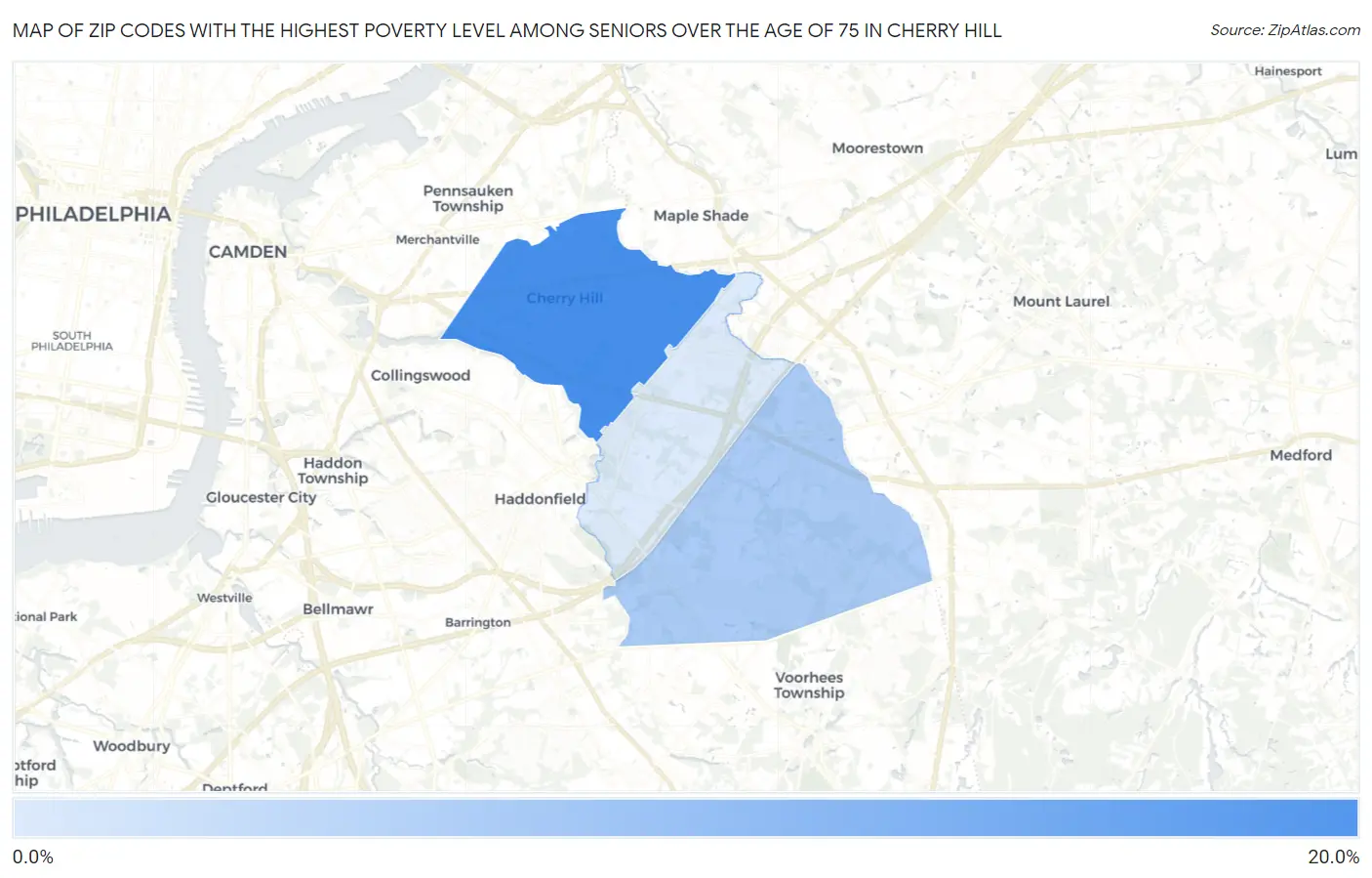 Zip Codes with the Highest Poverty Level Among Seniors Over the Age of 75 in Cherry Hill Map