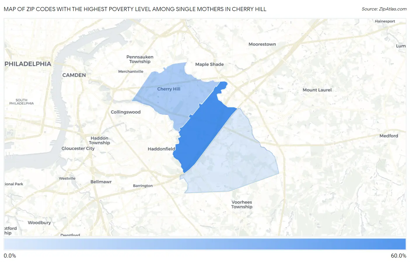 Zip Codes with the Highest Poverty Level Among Single Mothers in Cherry Hill Map