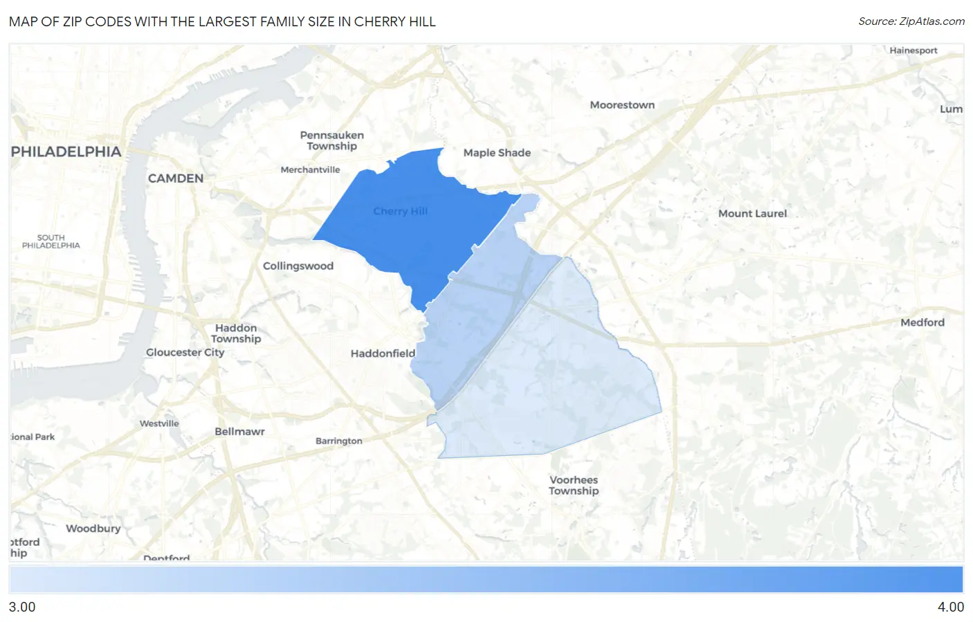 Zip Codes with the Largest Family Size in Cherry Hill Map